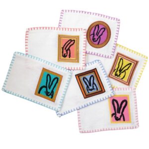 Hunt Slonem Framed Bunnies Embroidered Cocktail Napkins - Set Of 6
