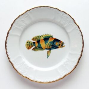 ANTIQUE FISH 9.75" ACCENT PLATE AQUA & GOLD